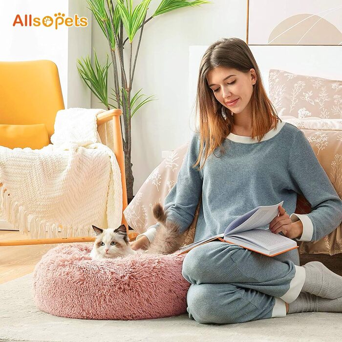 ALLSOPETS Заспокійливе кругле ліжко для собак і котів, м'яке плюшеве, з антиковзною основою, рожеве, 70 см, для малих і середніх порід, пране