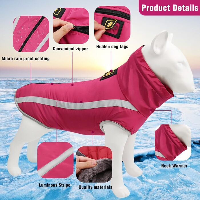 Зимова куртка для собак, тепла водонепроникна куртка для середніх та великих собак, флісова підкладка, світловідбиваючі елементи, для Лабрадора, Бульдога, Самоеда (5XL/60см, Рожевий)