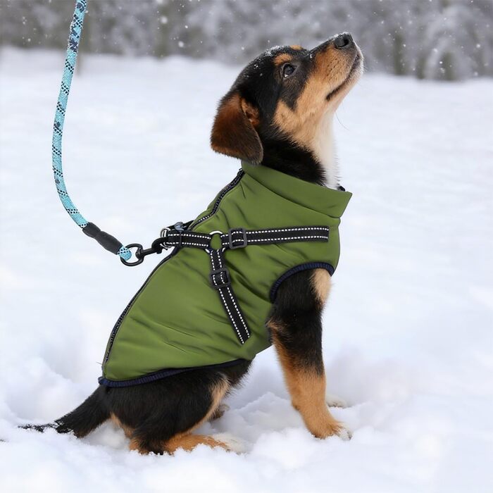 Водонепроникний собачий плащ з шлейкою, зимова тепла флісова куртка для середніх та великих собак, світловідбиваючий вітрозахисний собачий костюм (армійсько-зелений) – M