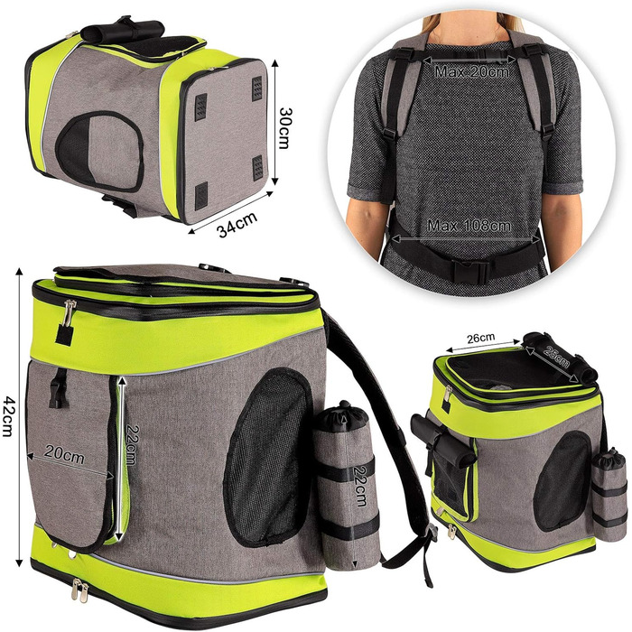 Сумка-рюкзак для кота Lionto, сіро-зелений, 34x30x42 см, водонепроникна, з кишенею для пляшки та подушкою, до 10 кг