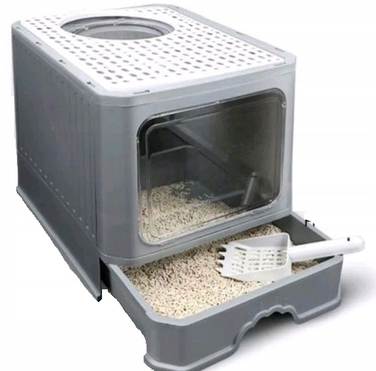 Закритий лоток-туалет для котів, сірий, з ручкою та висувною шухлядою, 50 x 40 x 38 см