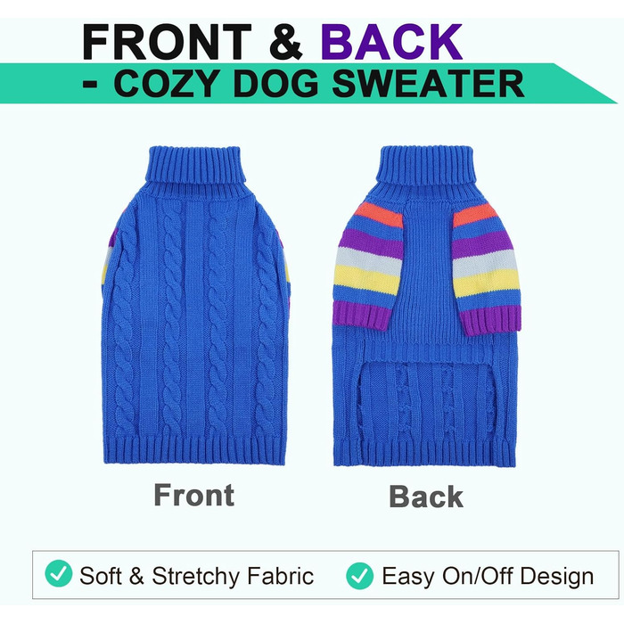 Пуловер для собак середнього розміру OUOBOB, теплий в'язаний зимовий пуловер з отвором на животі, еластичний светр для Бостон Тер'єрів та Французьких Бульдогів, L, Синій