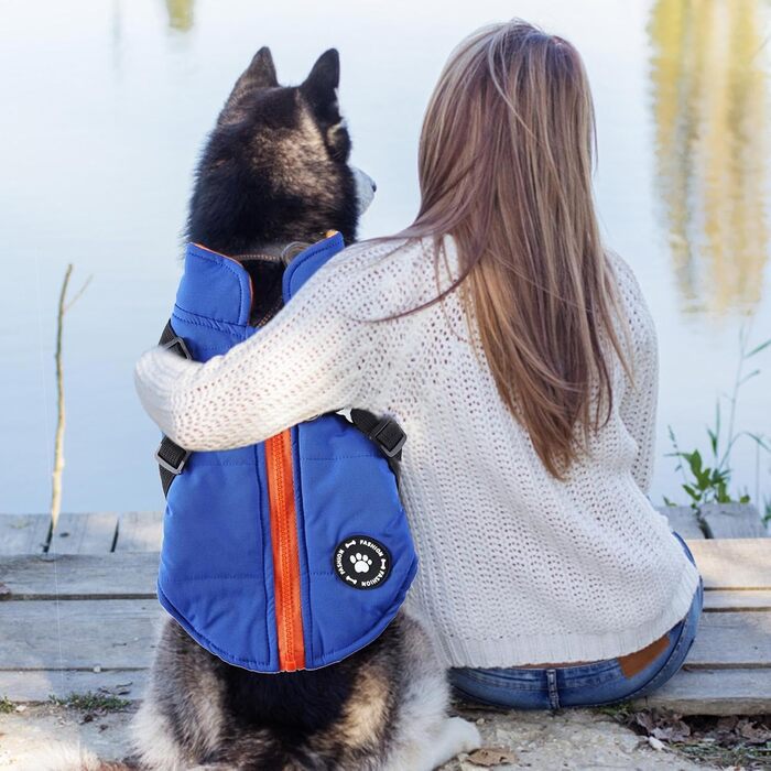 Теплий жилет для собак з шлейкою, водонепроникна куртка з шлейкою та D-подібними кільцями, теплий жилет для собак, одяг для собак, середні та великі породи, зелений (синій, XL)