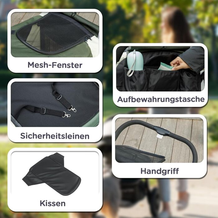 PawHut Будка-перевозка для собак та котів, розкладний, до 30 кг, з подушкою, сіткою, кишенями, гальмами (темно-зелений)