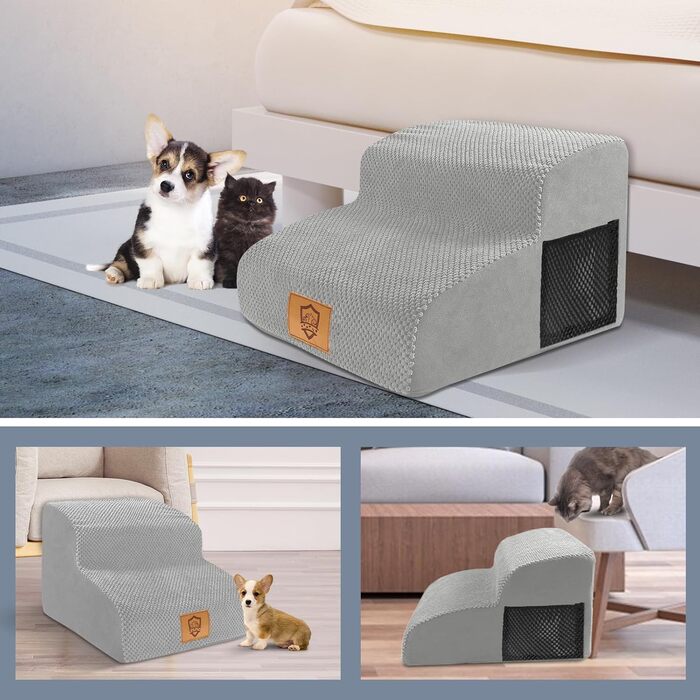 Сходинка для собак HEVOL 2 сходинки, сіра. Зручна та водонепроникна сходинка для маленьких собак та котів на ліжко та диван. Виготовлена з високощільну губку, знімний та миючий чохол.