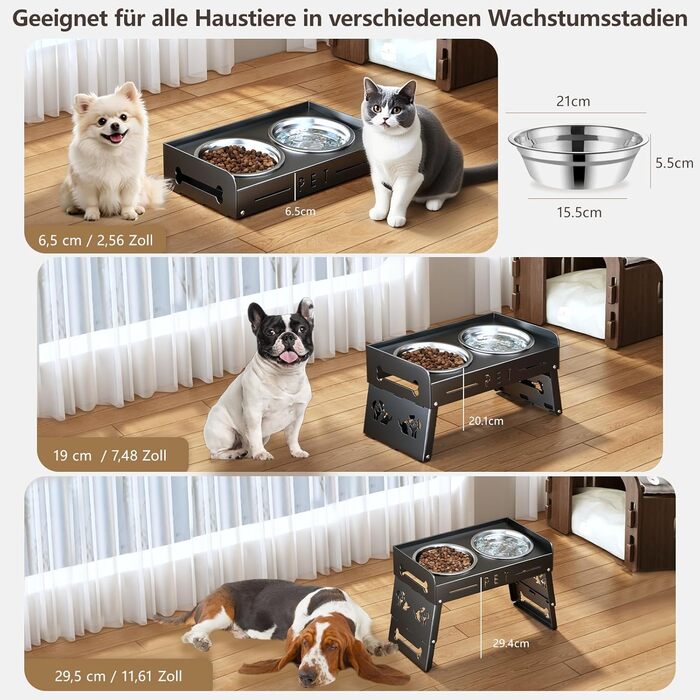 Підвищений годівниця для собак з 3 рівнями – 2 великі миски з нержавіючої сталі для маленьких, середніх та великих собак (Сірий)