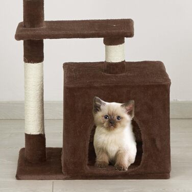 Baroni Home Когтеточка для котів, двоярусна, з іграшкою і домиком, 45x30x78 см, коричнева