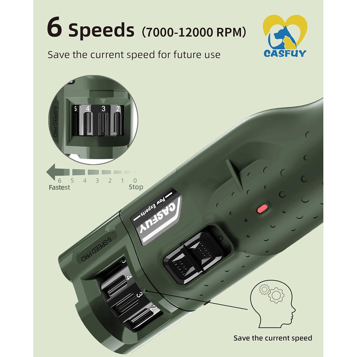 Електричний точило для кігтів собак Casfuy (45 dB) з 6 режимами та LED-підсвіткою для собак та котів, армійний колір