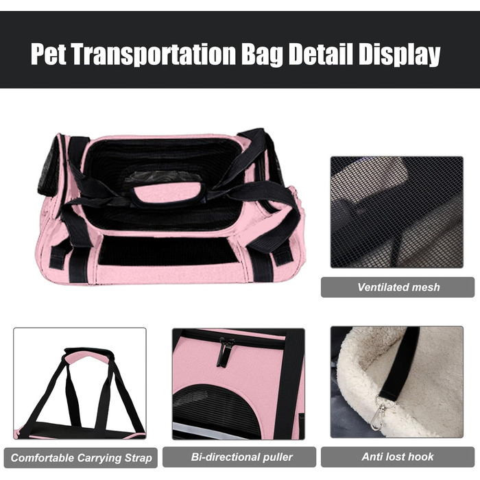 Транспортна сумка для тварин ZSMJAER з підстилкою з флісу, для котів та маленьких собак до 10 кг, рожева