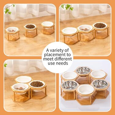 Набір з 3 керамічних мисок для котів на підставці з бамбука, підняті миски для котів, антиковзні ніжки, годівниця для котів, миски для котів (кераміка)