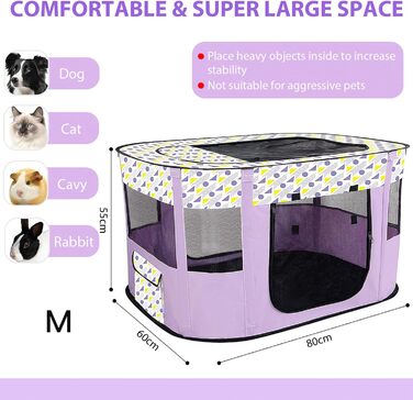 Складаний вольєр для цуценят та тварин, портативний вольєр для кошенят, цуценят, кроликів, L (Сірий) (Фіолетовий, 80*60*55 см)