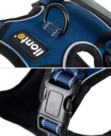 Нашийник для собак Lionto, м'який, нейлон, розмір M, анти-тяга, з 2 кільцями, 4 регульованими ремінцями, 2 застібки, гумовий ручка, блакитний