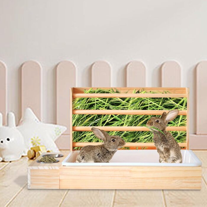 Фунтерійка для сіна PINVNBY 3-в-1 з туалетом для котів та годівницями, для кроликів та морських свинок