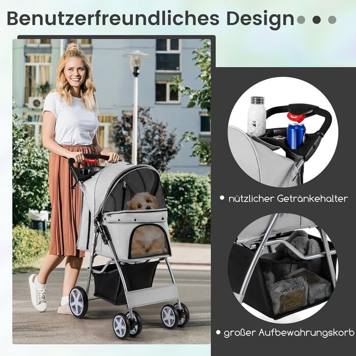 GYMAX Візок для домашніх тварин, складний, для котів/собак до 15 кг, з кошиком, дощовиком та сіткою, для маленьких тварин (сірий)