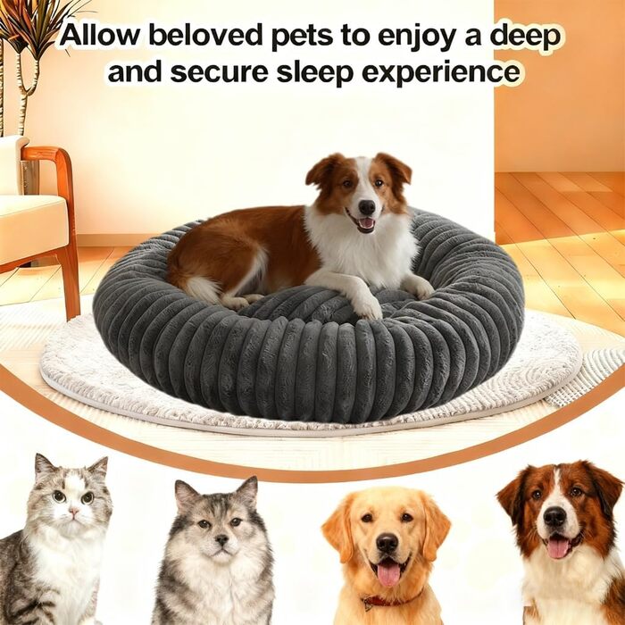 М'яке ліжко для домашніх тварин: ліжко для собак, ліжко для котів, кругла форма, пончик, корзина для собак, подушка для котів, ліжко для кошенят, тепле місце для сну, сірий колір, діаметр 60 см