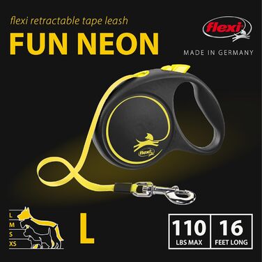 Рулетка-поводок для собак FLEXI New Fun Neon, 4,8 м, до 50 кг, чорний з неоном, автоматичний, зручний і стильний