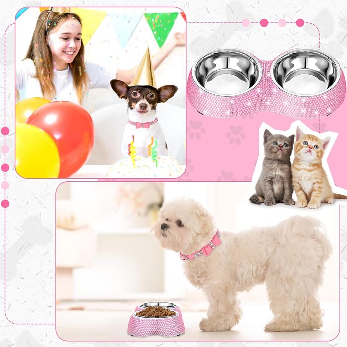 Набір з 2 ошийників для собак та мисок для котів з блискучими стразами, нержавіюча сталь, для цуценят та маленьких собак/котів, рожевий