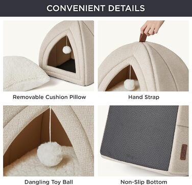 Ліжко для котів BEDSURE велике, 40x40x40 см, з подушкою Sherpa та іграшкою, зручне та миється, бежеве