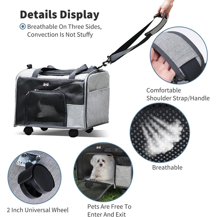 Транспортний бокс для котів та собак PETCUTE, складаний, з килимком, бічні кишені, з колесами, для подорожей та кемпінгу, сірий
