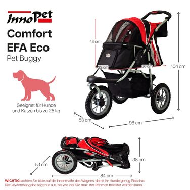 Візок для собак Innopet Comfort EFA Eco чорний/червоний – розкладний візок для собак та котів, підходить для лісу та пляжу, з великими колесами 30см, вантажопідйомність 25кг, з повідками