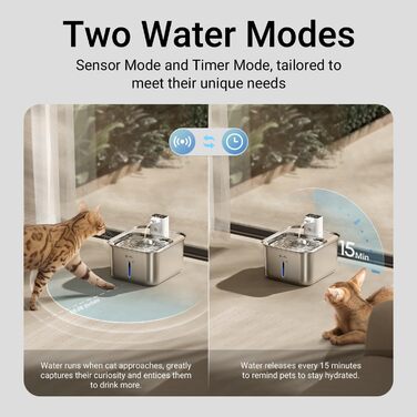 Ка fountain для котів DownyPaws: бездротовий фонтан з нержавіючої сталі, 3л, з датчиком руху, тихий, легко миється