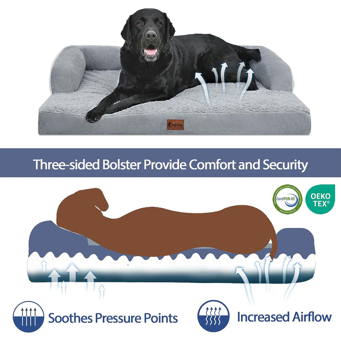 Ортопедичне ліжко для собак великих порід, XL, водовідштовхувальне, з пам'яті ефекту, зручна подушка для шиї, знімний, пральний чохол, антиковзаюча підкладка (сірий)
