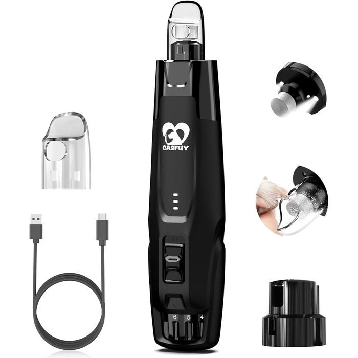 Електричний шліфувальник кігтів для собак та котів Casfuy Neue - тиха робота, 7 годин роботи, 2 LED, для собак великих, середніх та малих порід, чорний