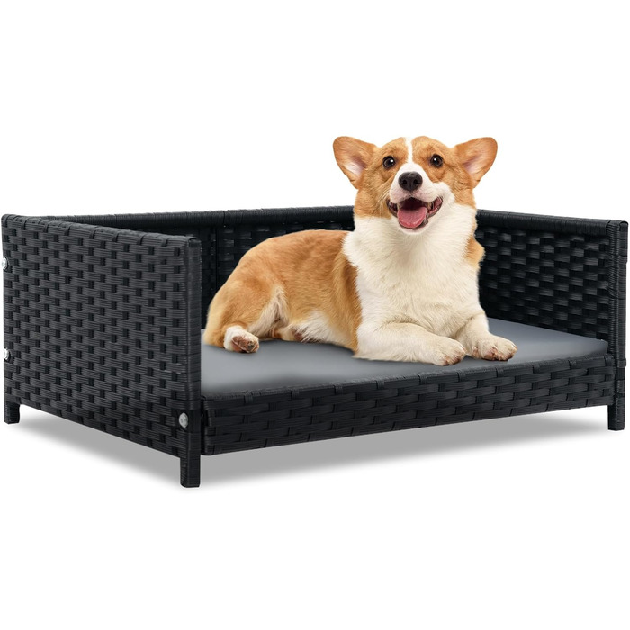 Собаче ліжко SOARS з ротангу, кошик для собак з подушкою, знімний та пральний чохол, підняте собаче ліжко для маленьких та середніх собак, диван для собак для дому та на вулицю, 62 x 46 x 25 см