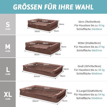 Ортопедичне ліжко для собак маленьких порід, водонепроникне диванчик для тварин з бортиками, з підтримуючою піною, зручне ліжко з знімним, пральним чохлом, водонепроникний наповнювач, антиковзаюче покриття (107 x 76 x 19 см, Колір: Коричневий)