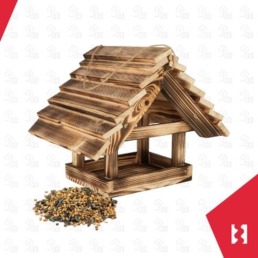 KOTARBAU® дерев'яна годівниця для птахів з обпаленого дерева, підвісна, з 0,5 кг корму у подарунок