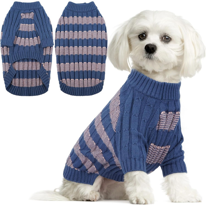 Теплий в'язаний пуловер для собак маленьких порід з отвором для повідка, зимовий пуловер для собак з малюнком 'Піт-смуги', синій, розмір M