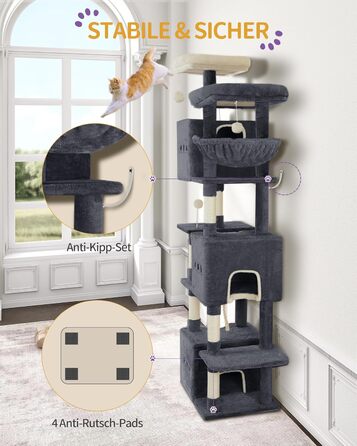 Великий котячий будиночок-кліматизатор, 193 см, XXL, з 7 стовпчиками для шліфування, 3 будиночками, 2 платформами, 2 плюшевими кульками, корзиною, мотузкою для лазіння, багатоповерховий, MS19218LG (темно-сірий)