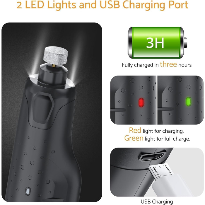 Maxetodo електрична машинка для стрижки кігтів собак, 6 швидкостей, USB, з 2 LED-лампами, тиха, зі знімною кришкою для великих, середніх і малих собак