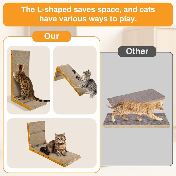 Кігтеточка для котів, 70 см, L-подібна конструкція, з іграшками, щільне гофрокартон, для захисту стін та диванів