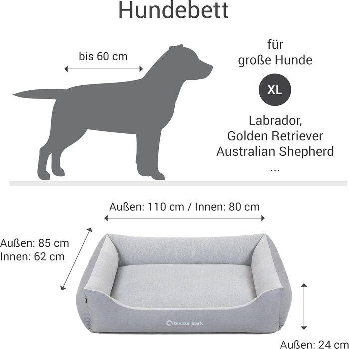Ліжко для собак Doctor Bark для великих собак - Корзина для собак, яку можна прати - М'яке, пухнасте та затишне ліжко - Міцне та зносостійке - Виготовлено в Німеччині - GreenLabel (XL, 110x85 см, світло-сірий)