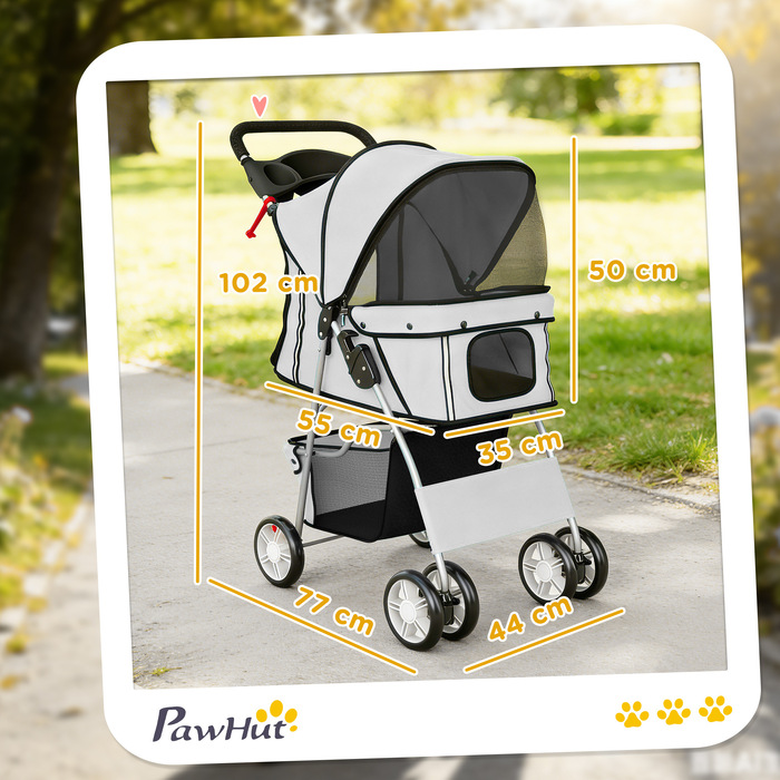 Складаний візок для собак (buggy) зі світловідбиваючими смугами, кошиком для речей та подушкою, для малих порід до 10 кг, 77x44x102 см, сірий