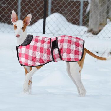 Водонепроникний собачий дощовик Geyecete для венгерських доберманів, віндхаундів та інших, з флісовою підкладкою, регульований, теплий, в клітинку рожевого кольору, розмір S (довжина спини 51-53 см) / L (довжина спини 61-64 см)