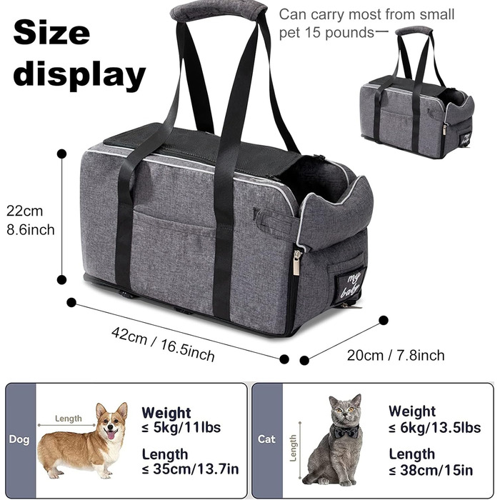 PETCUTE Автокрісло для собак та котів до 6 кг, сірого кольору. Зручне автокрісло-консоль для маленьких тварин, з антиковзким покриттям, знімний та миючий чохол.