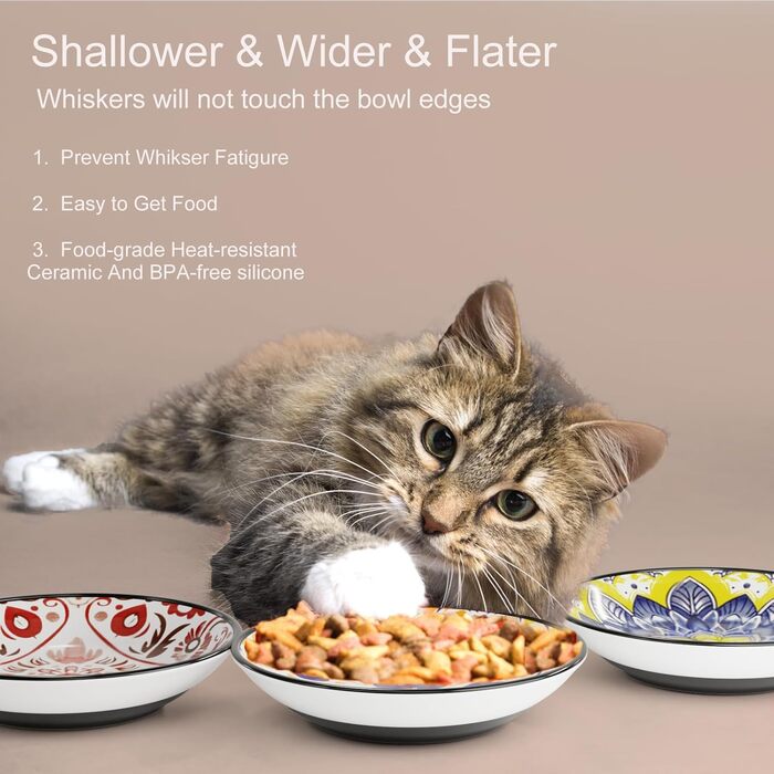 Керамічні годівниці для котів, миски для кошенят, анти-колючий дизайн, неслизька підставка, плоскі миски для котів, кошенят, маленьких собак, кроликів, набір 3 шт. Боген
