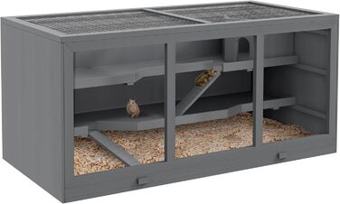 Клітка для гризунів PawHut, з рампою та вигнутою гіркою, відкидна верхня частина, знімний піддон, дерево сосна та PS пластик, 115 x 60 x 55 см (Сірий)