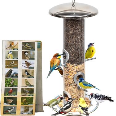Годівниця для птахів на сонцезахисній підставці, для саду, срібна. З наповнювачем: соняшникові зерна та суміш.