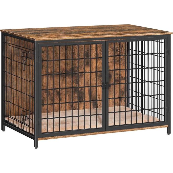 Клітка для собак, 100 см, з подушкою, 2 двері, дерев'яний каркас, для собак маленьких, середніх та великих порід, для дому, білий ADCBW10701, білий (100 x 60 x 70 см, коричневий)