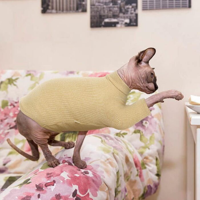 Теплий жилет для безшерстих котів з високим коміром, дихаючий, стильний одяг для котів, жилет-пуловер для кошенят з візерунками, піжама-костюм для Sphynx, Cornish Rex, Devon Rex, Peterbald (S, Хакі)