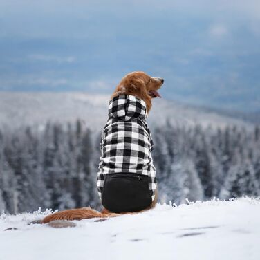 Пуловер для собак з візерунком, м'який фліс, капюшон, кишеня на блискавці, зимовий теплий одяг, бавовна, розміри S-5XL (3-Large, чорний та білий в клітинку)