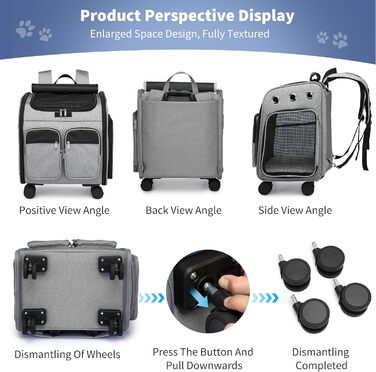 Рюкзак-переноска для кота та собаки PETCUTE з візком 2 в 1 до 11 кг, сірий. Знімний килимок, дихаюча переноска для подорожей з тваринами