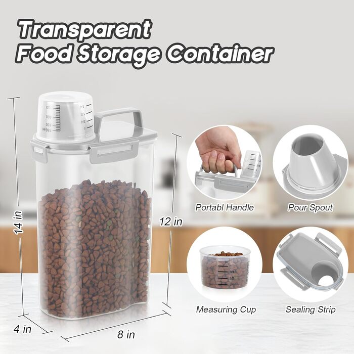 Контейнер для корму для собак, пластиковий, BPA-free, 3,6–5,4 кг, з великою кришкою, 4 герметичні замки, мірна чаша, ручка, легке очищення, 2 шт., білий