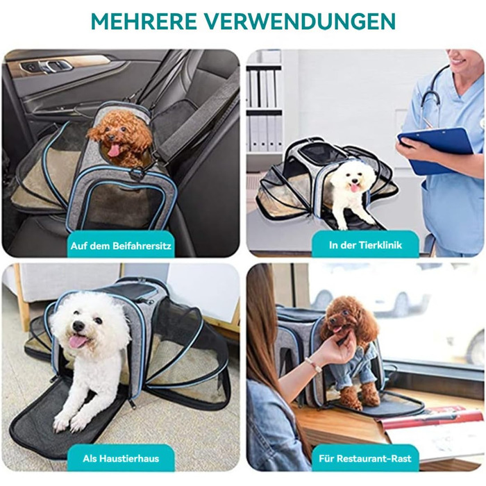 Транспортна переноска для котів та собак, велика, 46x28x29 см, розширювана, сіра. Підходить для котів, собак, цуценят, авіаперевезень.