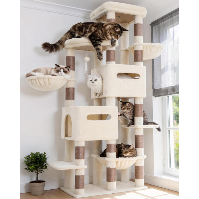 Heybly Katzenbaum 190 см, XXL Дряпка для великих котів, стійка висока когтеточка з великою платформою, 2 печери, гамак та міцні стовпи з сизалю, котячі меблі, HCT062G (Бежевий)