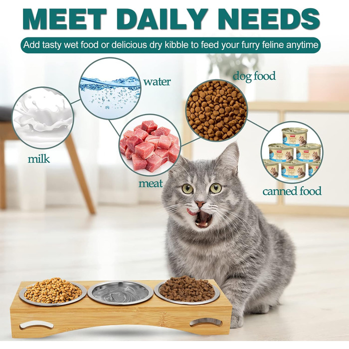 Набір мисок для котів та собак 3 шт. з підставкою з бамбука, підняті миски, нержавіюча сталь