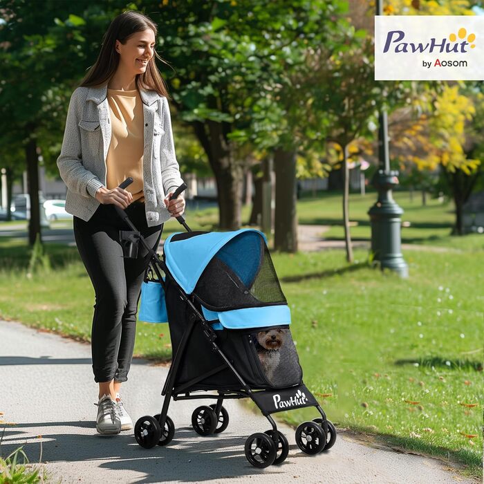 Візок для собак PawHut з вітрозахистом, складний, з миючим подушкою, тримачем для чашок, сітковими вікнами та кишенею для зберігання, блакитний